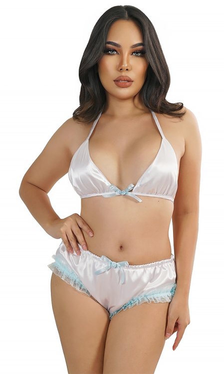 Fawn Satin Panties with Blue Lace